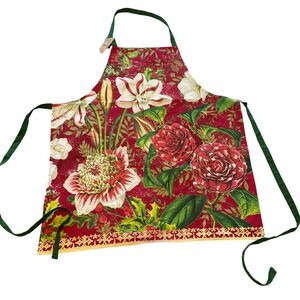 Michel‎ Design Works Kitchen Apron Floral Red Green White Flowers Holly Berries